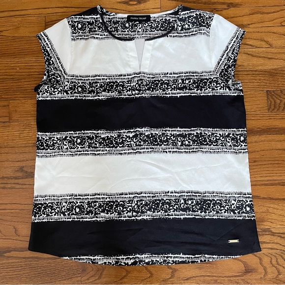 Ivanka Trump Tops - Ivanka Trump Black White Stripe Floral Henley Neckline Blouse Women’s Large